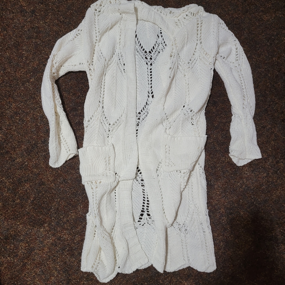 Long Cream Crochet Cardigan, Size Small